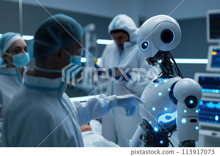 High tech hospitals use humanoid robot arms to operate on patients using high precision programmable arms AI Generative 113917073