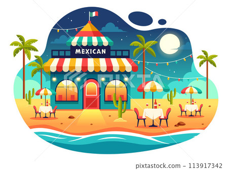Mexican Food Restaurant Vector Illustration with Various of Delicious Traditional Cuisine Tacos, Nachos and Other on Flat Cartoon Background 113917342