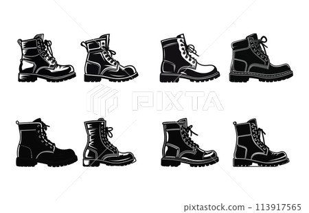 Hiking boot silhouette set. Hiking boot black and white silhouette bundle 113917565
