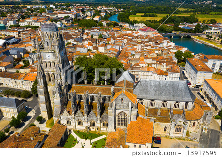 Aerial view of city of Saintes and Saint Peters Basilica. France Aerial view of city of Saintes and Saint Peters Basilica. France 113917595