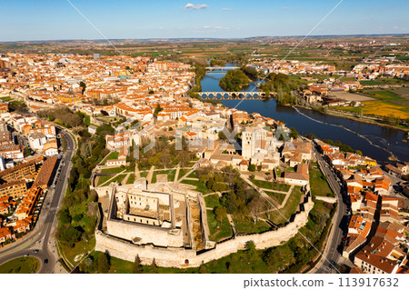 Drone photo of Dureo riverside, residential buildings along river Drone photo of Dureo riverside, residential buildings along river 113917632