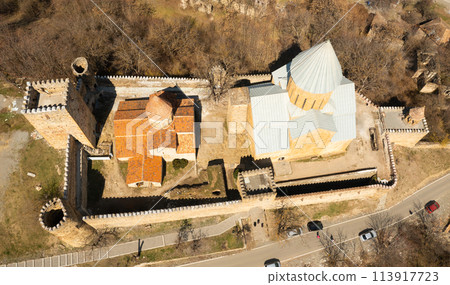 Scenic view from Ananuri fortress on Aragvi river and Zhinvali reservoir in spring 113917723