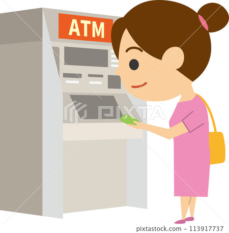Illustration of a woman using an ATM Illustration of a woman using an ATM 113917737