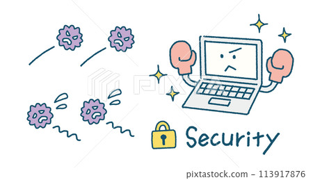 Hand-drawn illustration of a computer using security software to protect against computer viruses Hand-drawn illustration of a computer using security software to protect against computer viruses 113917876