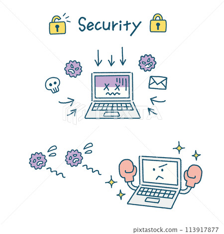 感染電腦病毒的電腦和使用安全軟體防止病毒的電腦的手寫插圖 113917877