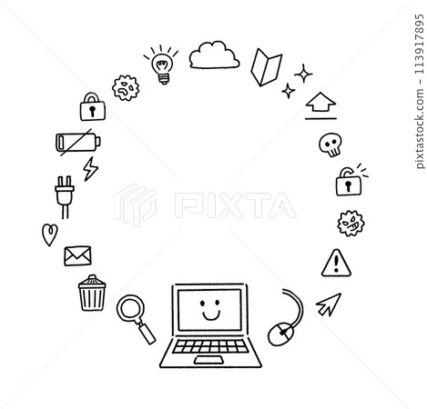 Monochrome computer handwritten icon set frame Monochrome computer handwritten icon set frame 113917895