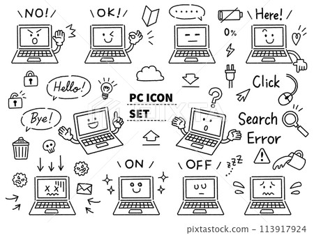 Hand-drawn computer illustration and icon set monochrome 113917924