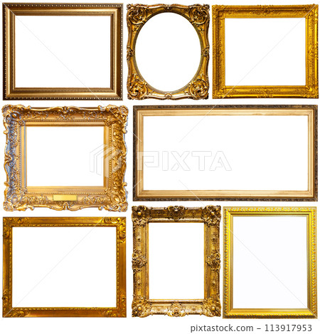 Collection of old empty art frames in different shapes isolated 113917953