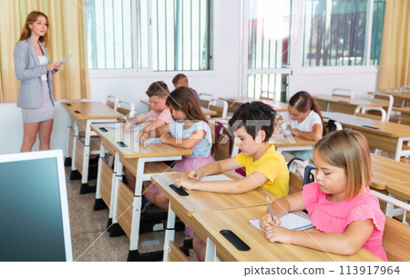 Group of school kids and teacher during lesson in classroom 113917964
