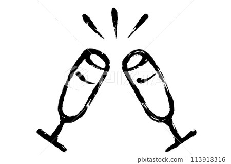 Hand drawn line drawing illustration of champagne glasses toasting Hand drawn line drawing illustration of champagne glasses toasting 113918316