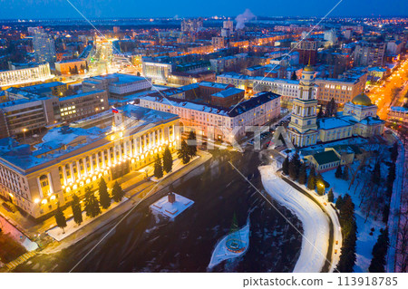 Christ-Nativity Cathedral in the city center and residential quarters evening in Lipetsk 113918785