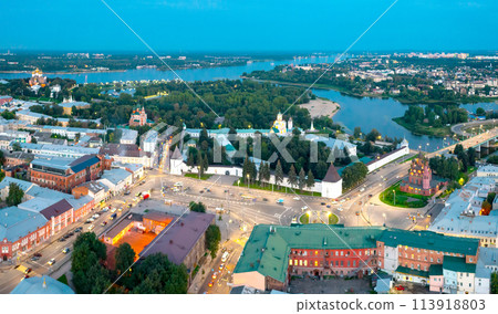 Evening view of Russian city of Yaroslavl on Volga with Spaso-Preobrazhensky monastery 113918803