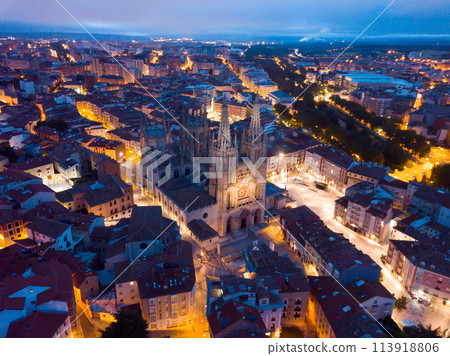 Evening view of the Burgos city with buildings and Cathedral from high Evening view of the Burgos city with buildings and Cathedral from high 113918806