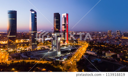 Night view of the four towers of the business district in Madrid. Night view of the four towers of the business district in Madrid. 113918819