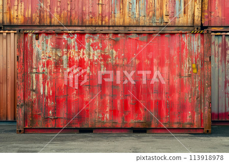 container with a red color and a metal shape and a cargo overlay on the front 113918978