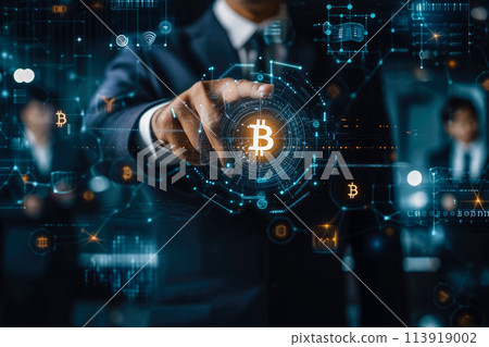 businessman holding a smart contract and executing a cryptocurrency transaction. The transaction is secure and transparent, and there are other people in the background 113919002