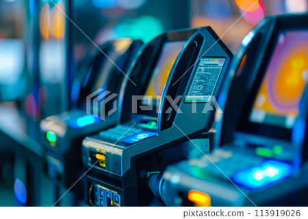 close-up of a cryptocurrency payment terminal. The terminal is user-friendly and secure, and there are other terminals in the background 113919026