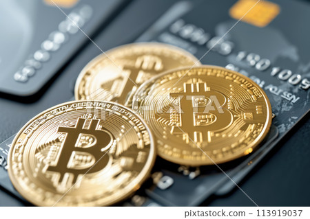 close-up of a cryptocurrency debit card. The card is sleek and modern, and there are other cards in the background 113919037