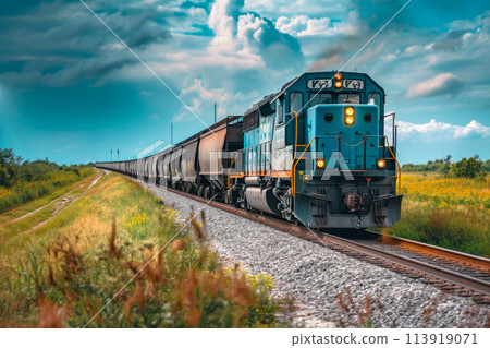 train with a blue color and a locomotive shape and a freight overlay on the front 113919071