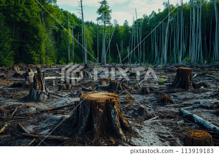 deforested area. The trees have been cut down, and there are stumps and logs everywhere deforested area. The trees have been cut down, and there are stumps and logs everywhere 113919183