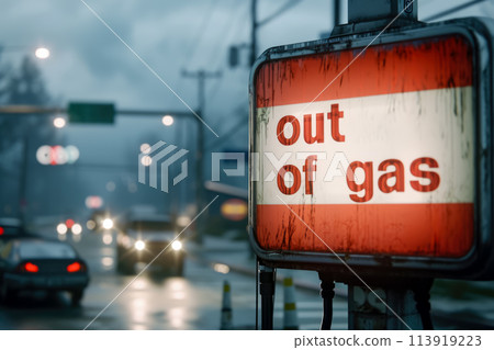 close-up of a gas station with a sign that reads "out of gas" close-up of a gas station with a sign that reads "out of gas" 113919223