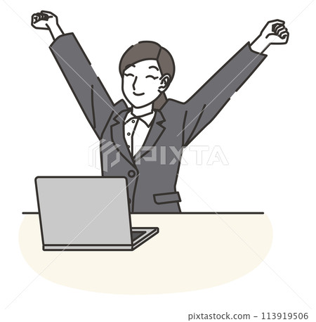 A woman in a suit taking a break and a computer 113919506