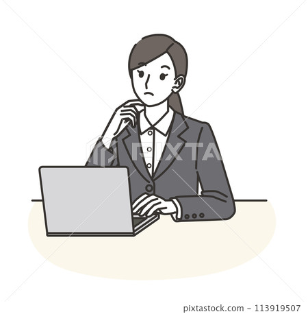 A woman in a suit thinking while using a computer 113919507