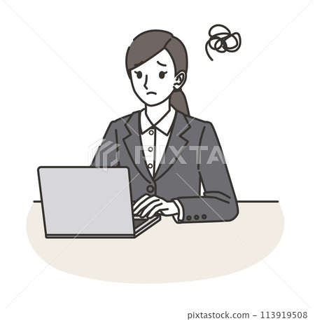 一位穿著西裝的女士在使用電腦時遇到問題 一位穿著西裝的女士在使用電腦時遇到問題 113919508