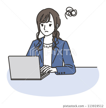 A woman in office casual clothes having trouble using a computer 113919512