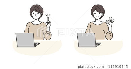 A woman pointing at a computer and making an OK pose 113919545