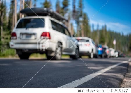 Selective focus on a paved road with a defocused long line of vehicles to enter a national park in the background  113919577