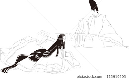 Line drawing of a man and woman in the style of the Heian dynasty. A man in the traditional Japanese costume of "kariginu" and a woman in "uchiki" 113919603