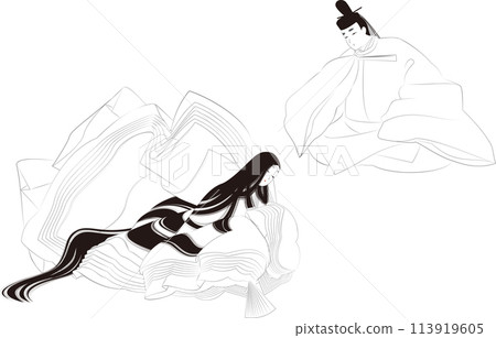 Line drawing of a man and woman in the style of the Heian dynasty. A man in the traditional Japanese costume of "naogi" and a woman in "uchiki" Line drawing of a man and woman in the style of the Heian dynasty. A man in the traditional Japanese costume of "naogi" and a woman in "uchiki" 113919605