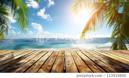 Wooden table for product presentation with sea view with palm leaves and blue sky. 113919800