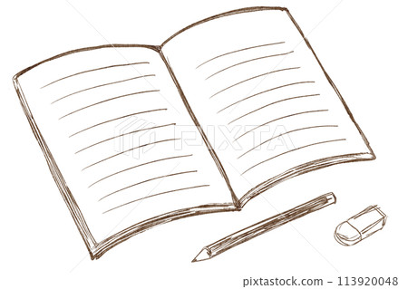 筆記本、鉛筆和橡皮擦的線條畫插圖 113920048