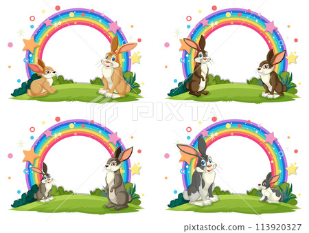 Playful Rabbits Under Colorful Rainbow 113920327