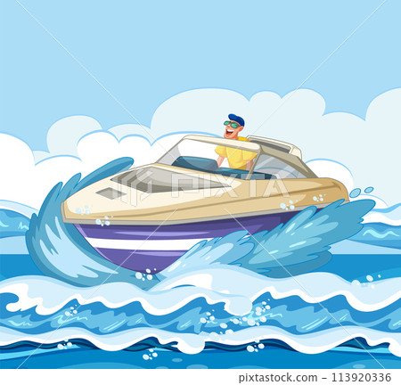 Man Speeding in a Motorboat on Waves Man Speeding in a Motorboat on Waves 113920336