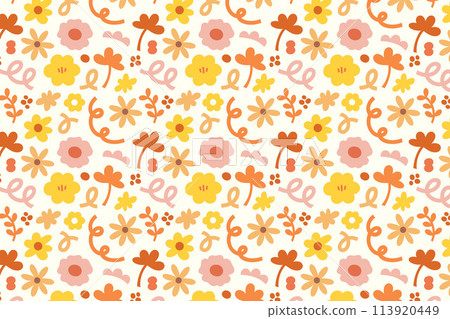 Illustration of autumn flowers and orange leaves for background, autumn, pattern, floral print, spring, picnic, nature, garden, fabric print, textiles, garment, gift wrap, paper design, packaging Illustration of autumn flowers and orange leaves for background, autumn, pattern, floral print, spring, picnic, nature, garden, fabric print, textiles, garment, gift wrap, paper design, packaging 113920449