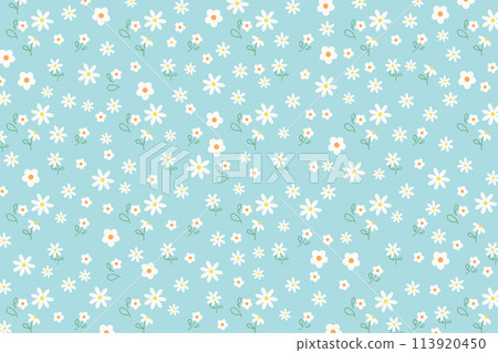 Illustration of white daisy flowers on a pastel green background for summer pattern, floral print, spring, picnic, nature, garden, fabric print, textiles, garment, gift wrap, paper design, packaging 113920450