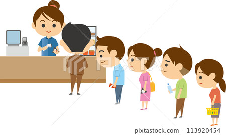 擁擠的便利商店收銀機的圖像插圖 113920454