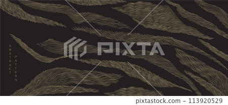 Abstract landscape background with Black and gold hand drawn line pattern vector. Ocean sea art with natural template. Banner design and wallpaper in vintage style. 113920529