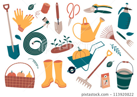 Gardening tools collection, trowel, scissors and shovel icons, vector illustrations of wheelbarrow and bucket in farm, agriculture equipment, instruments for planting and farming, rake and hose doodle 113920822