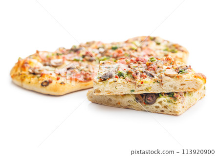 Tasty italian square pizza isolated on white background. Tasty italian square pizza isolated on white background. 113920900