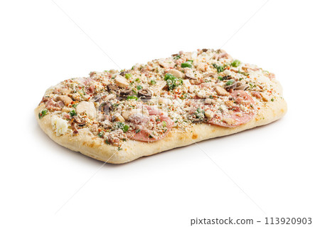 Frozen square pizza isolated on white background. Frozen square pizza isolated on white background. 113920903