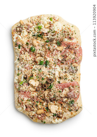 Frozen square pizza isolated on white background. 113920904
