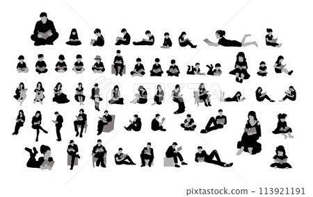 Set of people reading books silhouette, silhouettes of people with a book, people standing, sitting and lying reading book Set of people reading books silhouette, silhouettes of people with a book, people standing, sitting and lying reading book 113921191