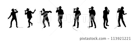 Man singing karaoke with micro, happy singer silhouette, Man and woman singer silhouette, male female singing on mic Man singing karaoke with micro, happy singer silhouette, Man and woman singer silhouette, male female singing on mic 113921221