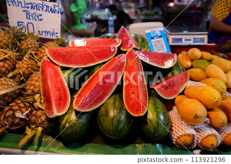 Watermelon for sale at local tropical fruit market Watermelon for sale at local tropical fruit market 113921296