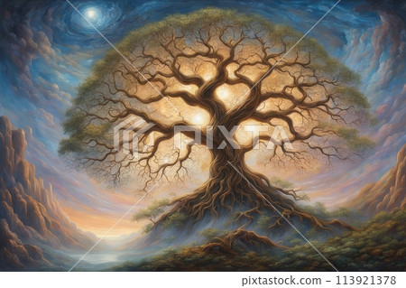 Big tree silhouette, sunset, tree on meadow at sunset 113921378