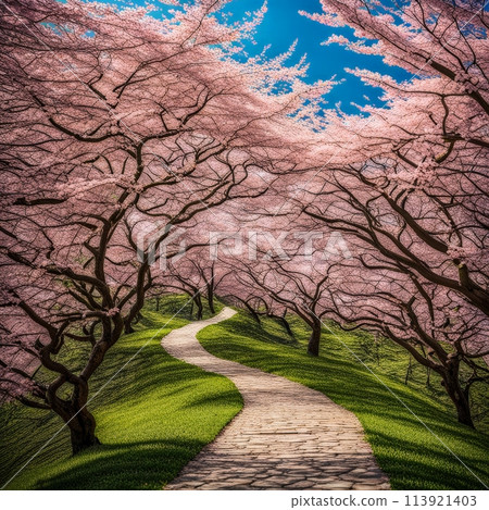 garden with cherry blossoms and sakura., Pink Cherry Blossoms 113921403